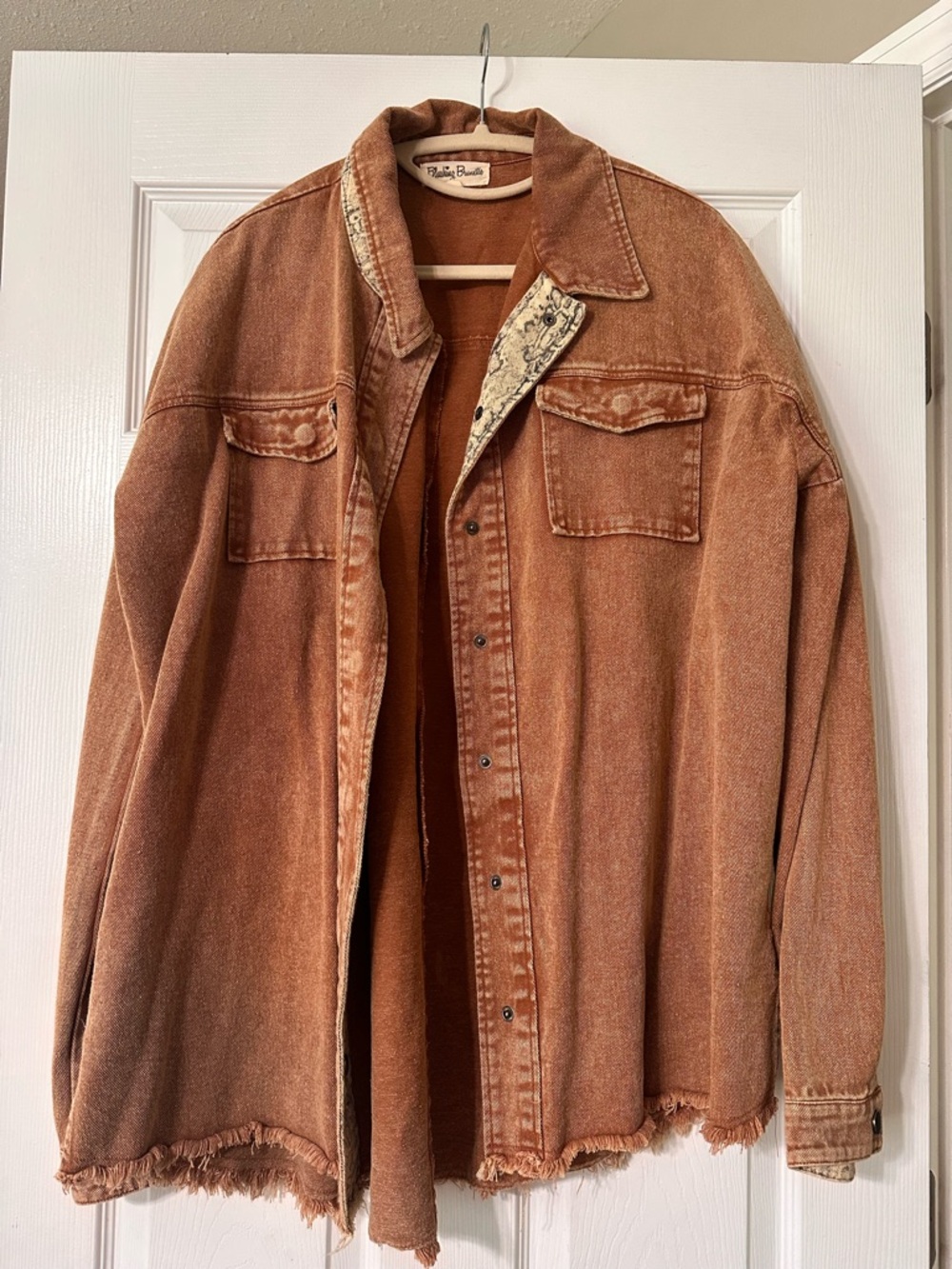 Vintage-Inspired Rust Jean Jacket “Shacket” with Frayed Hem